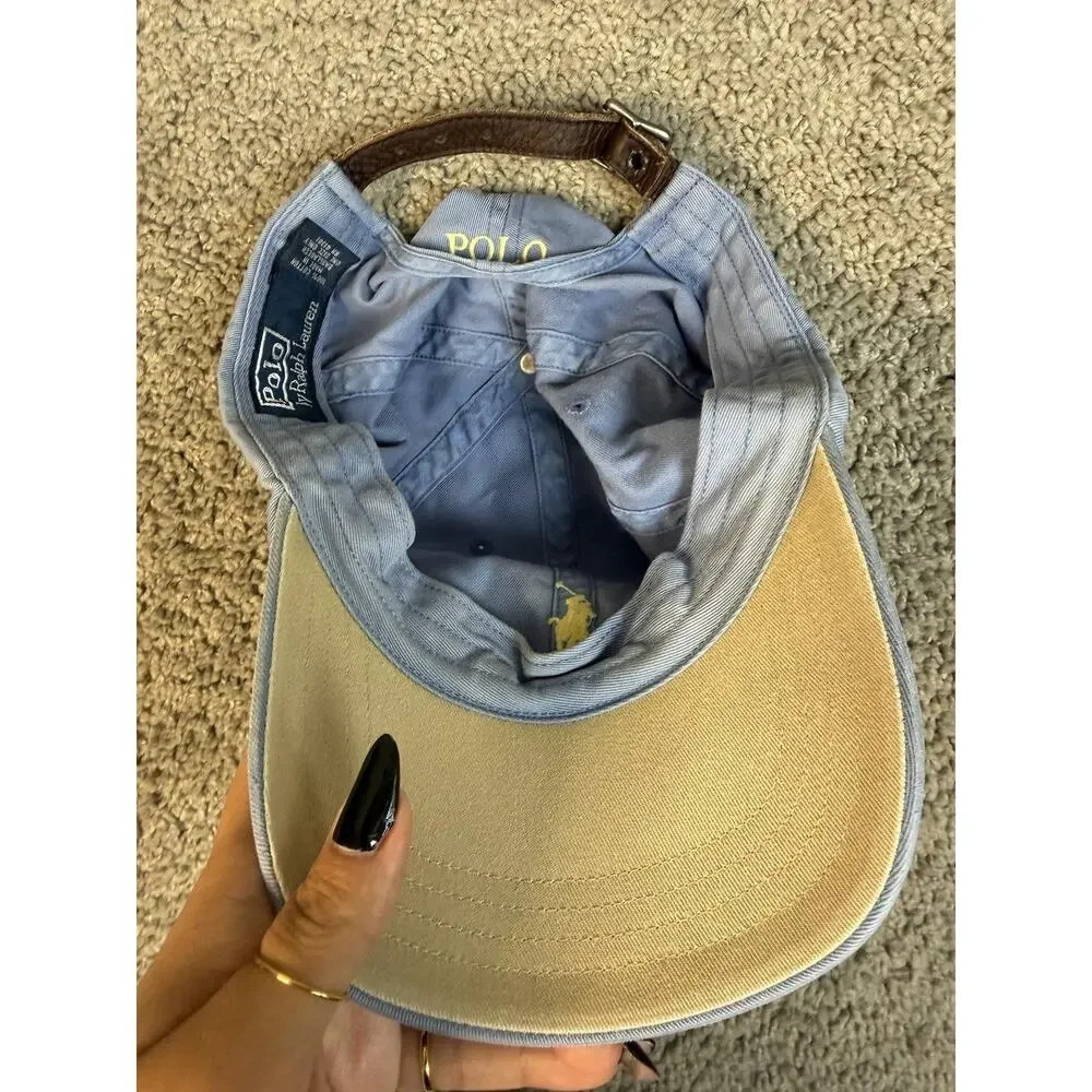 Vintage Polo Ralph Lauren Hat Mens One Size Blue Yellow Pony Leather Strap Faded